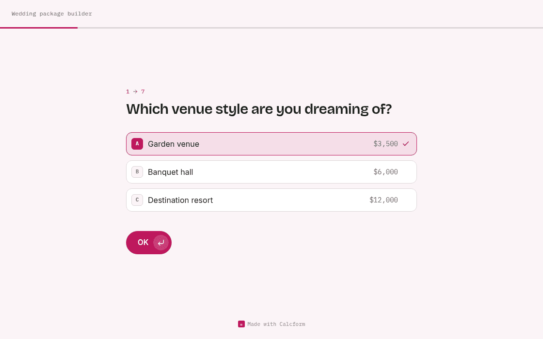 Wedding package builder template on desktop