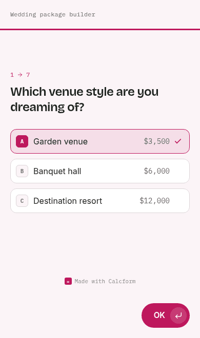 Wedding package builder template on phone