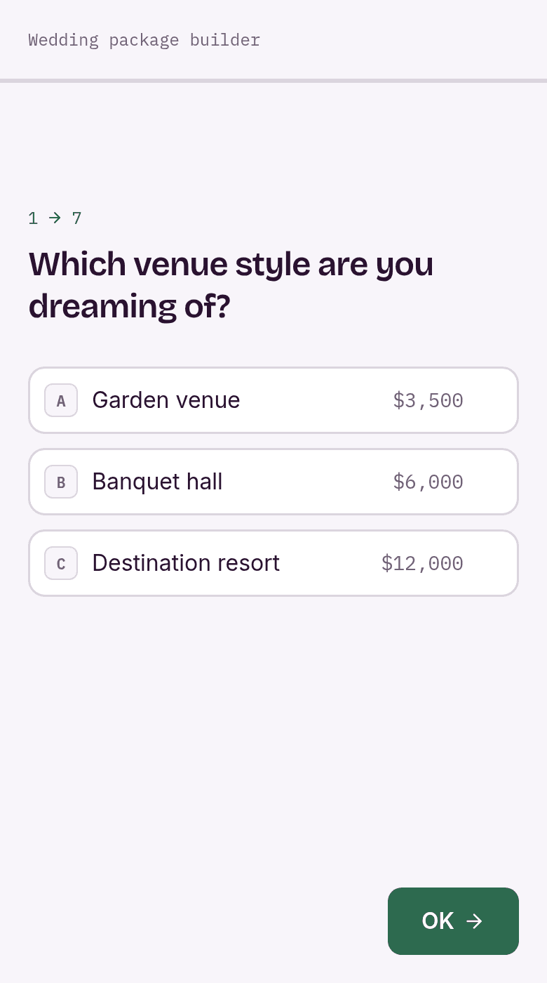 Wedding package builder template on a phone